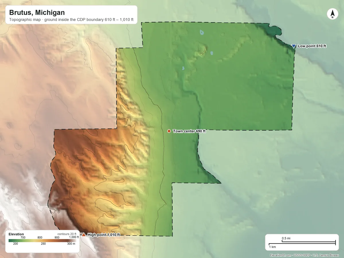 Topographic elevation map of Brutus, Michigan, shaded from 610 ft on the northeast side to 1,010 ft on the southwest side