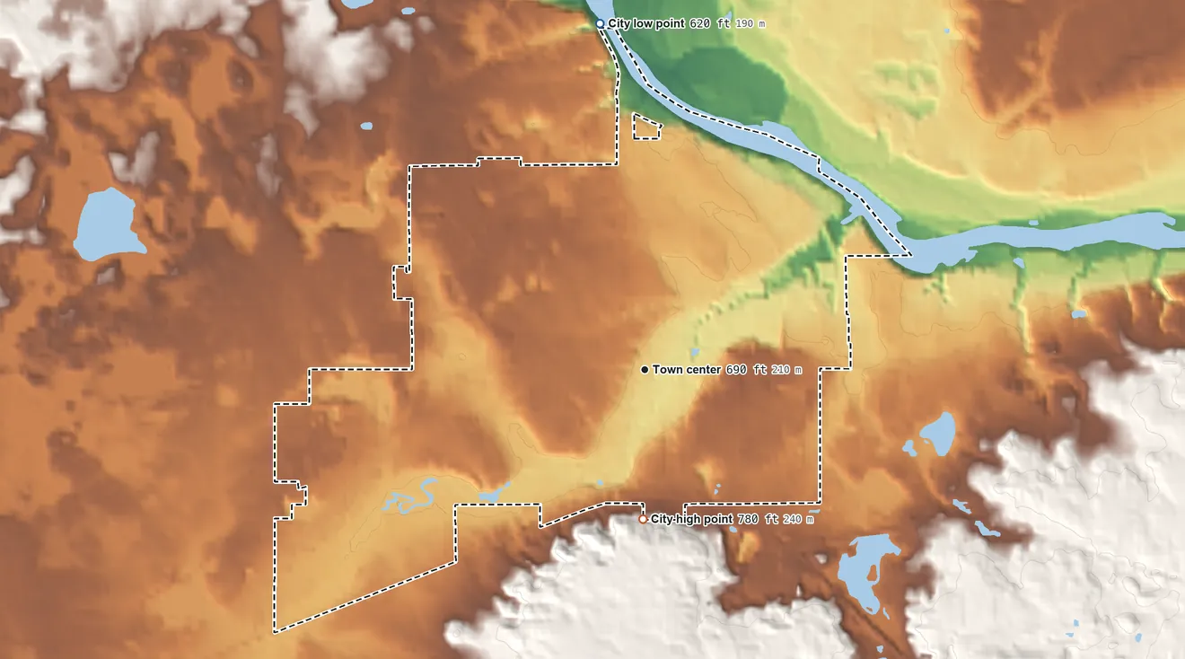 Topographic elevation map of Buchanan, Michigan, shaded from 620 ft on the north side to 780 ft on the south side
