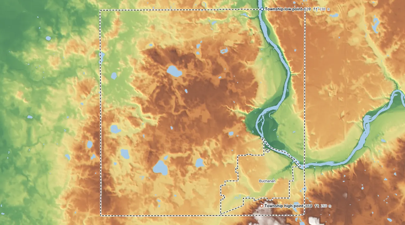 Topographic elevation map of Buchanan Township, Michigan, shaded from 620 ft on the north side to 860 ft on the south side