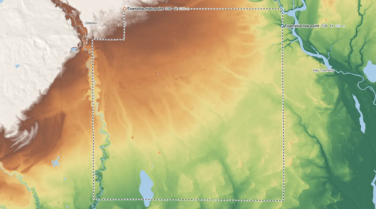 Topographic elevation map of Buckeye Township, Michigan, shaded from 710 ft on the northeast side to 790 ft on the northwest side