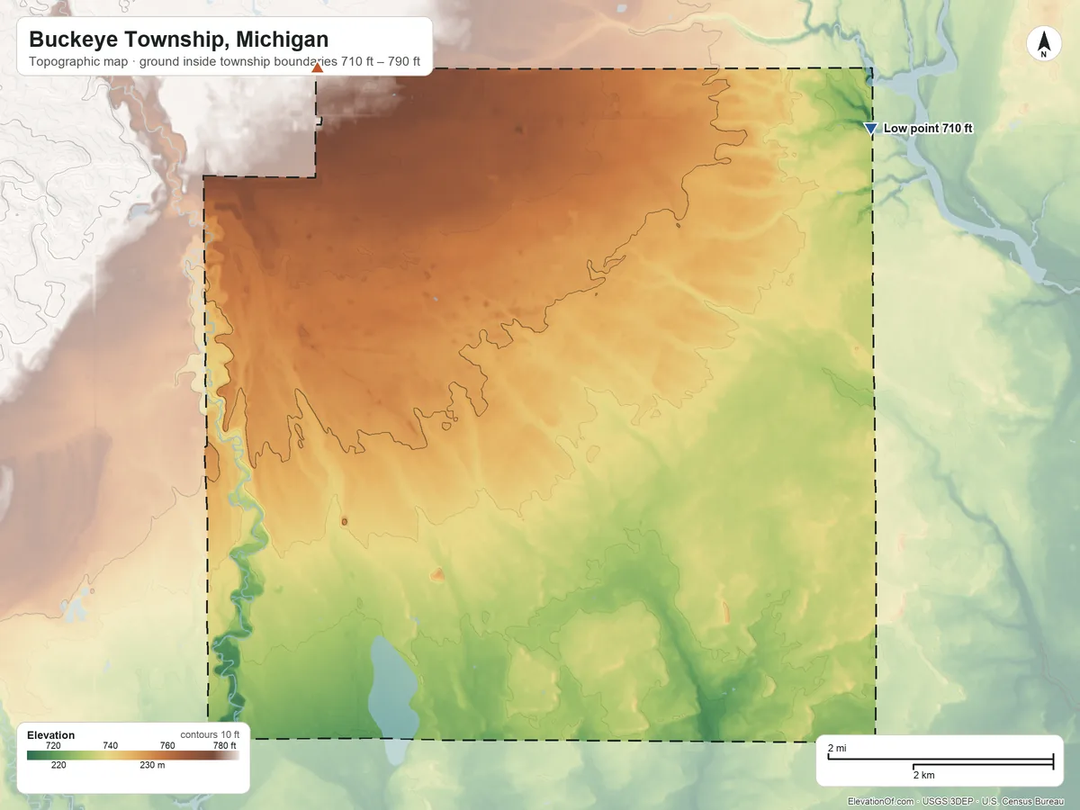 Topographic elevation map of Buckeye Township, Michigan, shaded from 710 ft on the northeast side to 790 ft on the northwest side