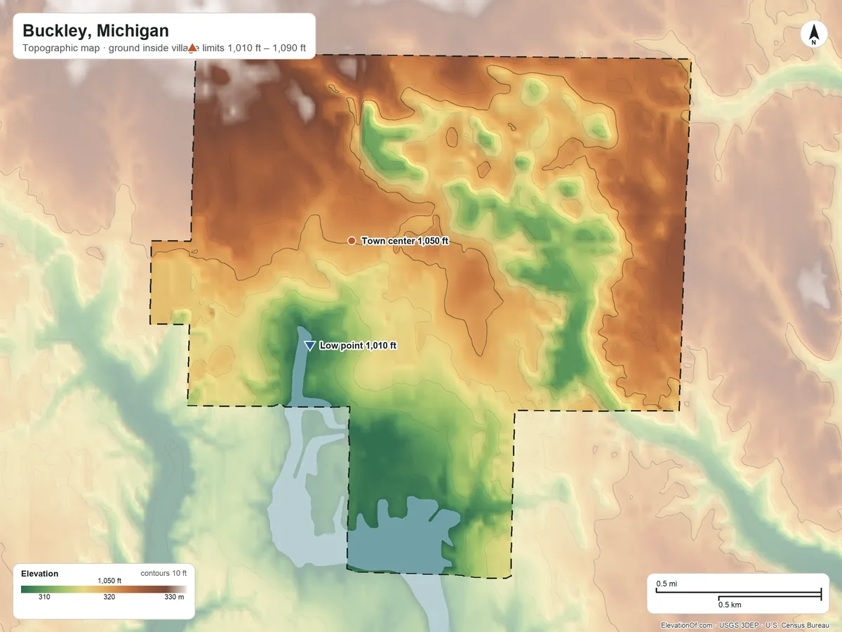 Topographic elevation map of Buckley, Michigan, shaded from 1,010 ft on the south side to 1,090 ft on the northwest side