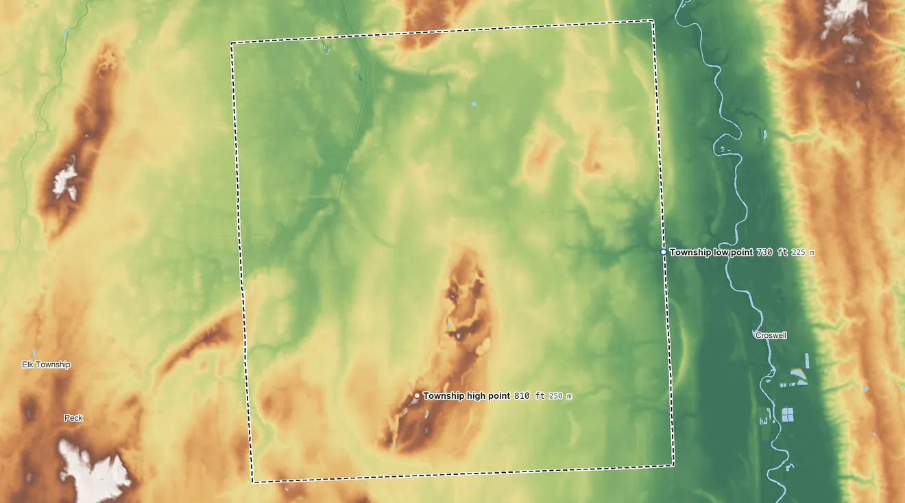 Topographic elevation map of Buel Township, Michigan, shaded from 730 ft on the east side to 810 ft on the southwest side