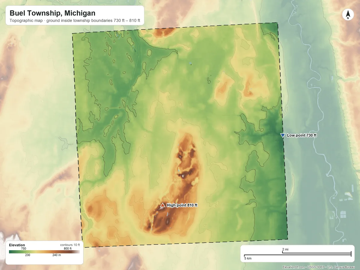 Topographic elevation map of Buel Township, Michigan, shaded from 730 ft on the east side to 810 ft on the southwest side