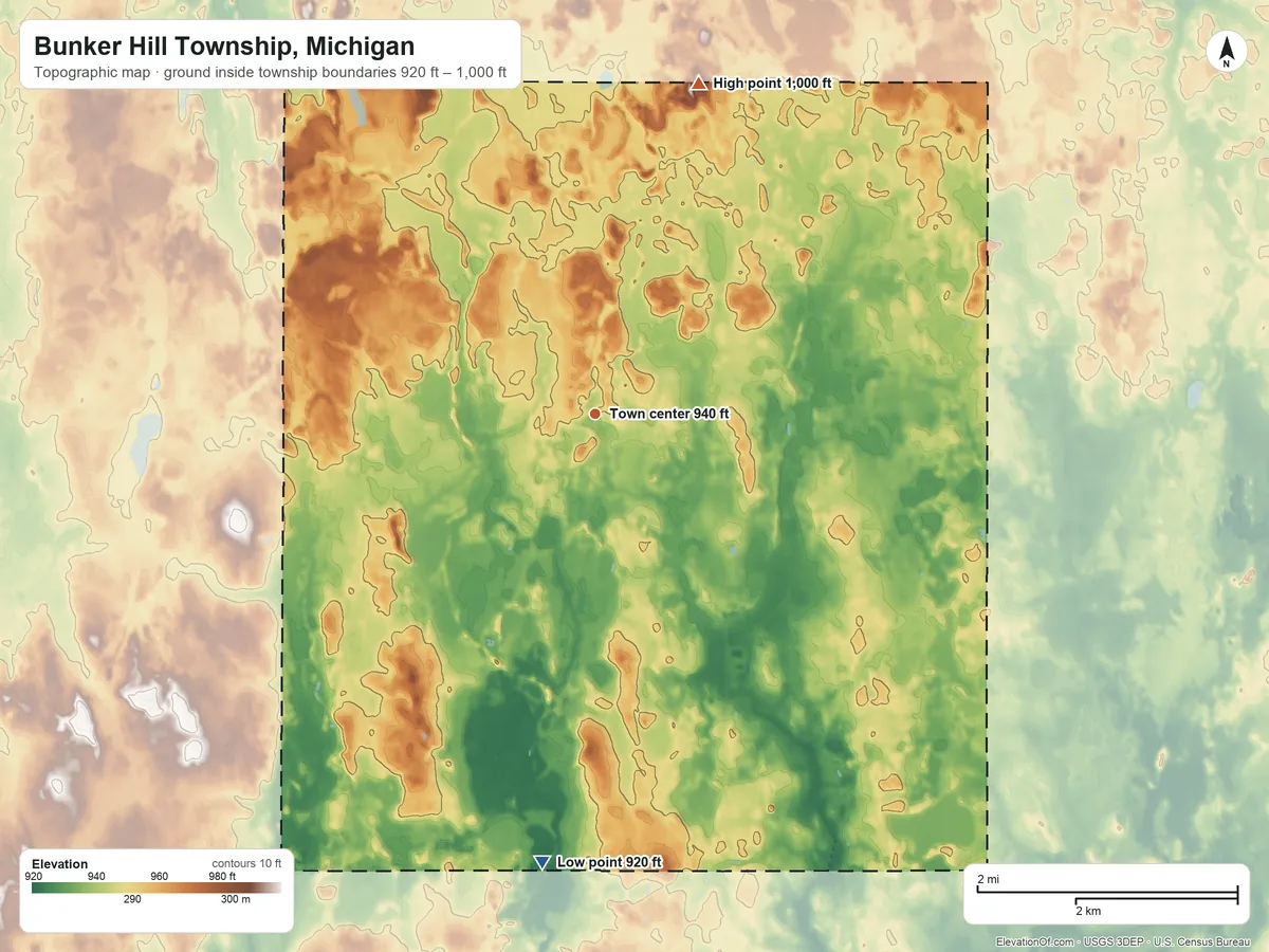 Topographic elevation map of Bunker Hill Township, Michigan, shaded from 920 ft on the south side to 1,000 ft on the north side