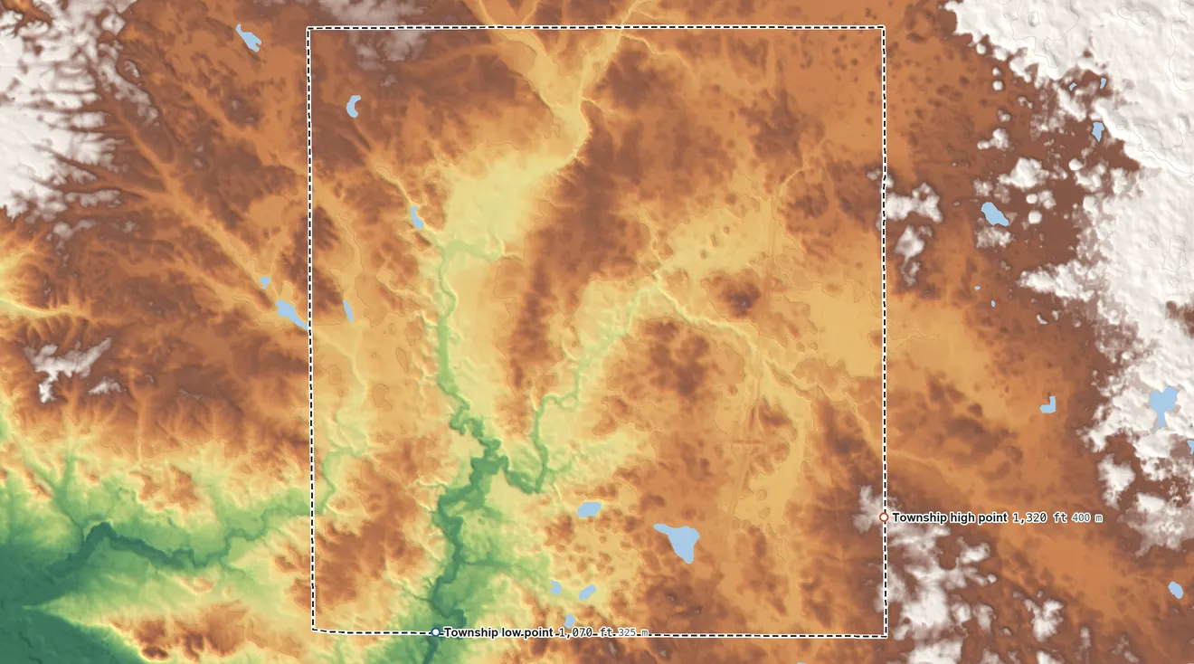 Topographic elevation map of Burdell Township, Michigan, shaded from 1,070 ft on the southwest side to 1,320 ft on the southeast side