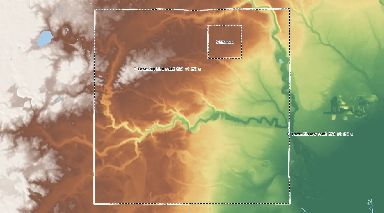 Topographic elevation map of Burleigh Township, Michigan, shaded from 630 ft on the east side to 820 ft on the northwest side