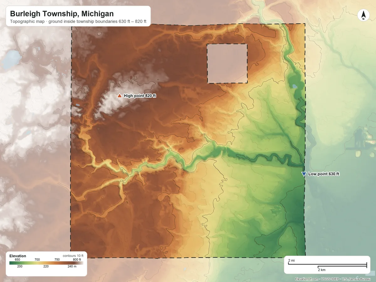 Topographic elevation map of Burleigh Township, Michigan, shaded from 630 ft on the east side to 820 ft on the northwest side