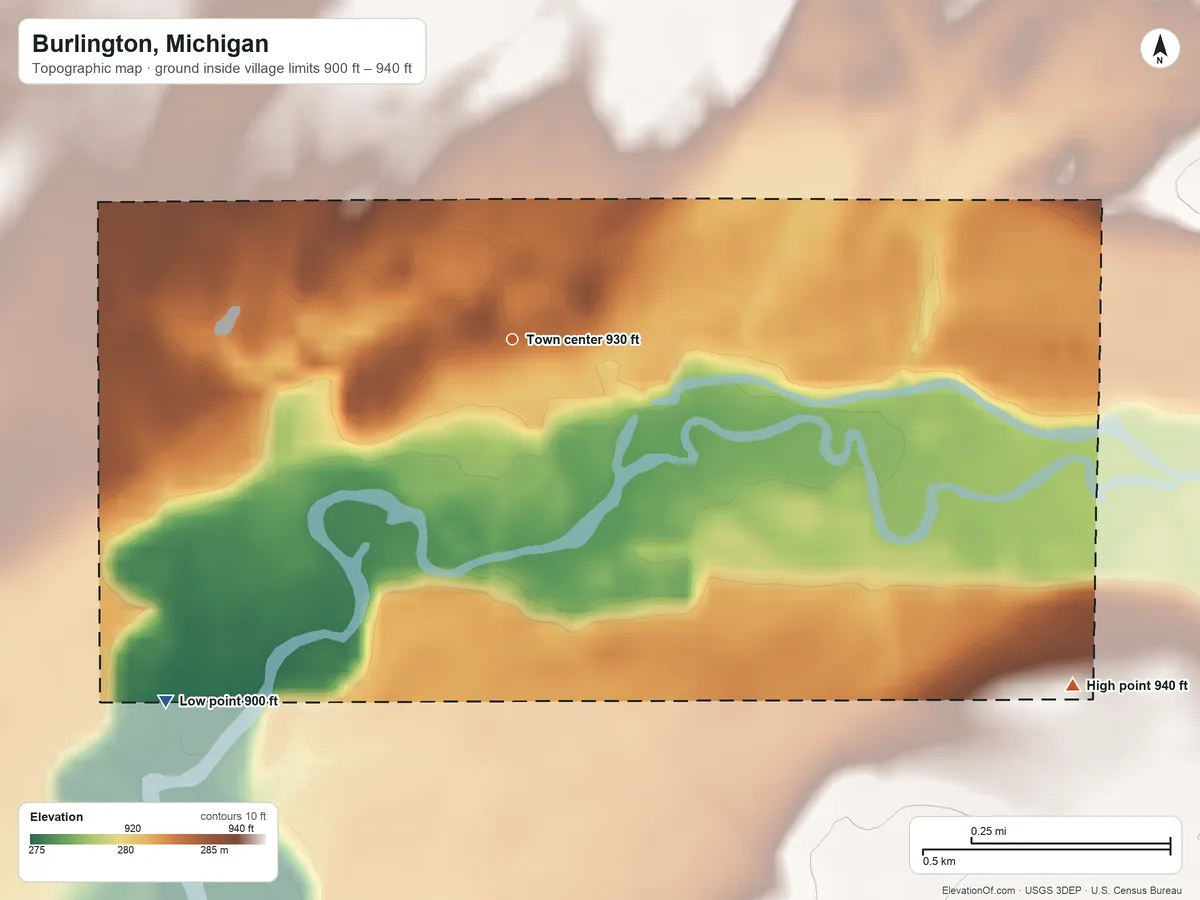 Topographic elevation map of Burlington, Michigan, shaded from 900 ft on the southwest side to 940 ft on the southeast side