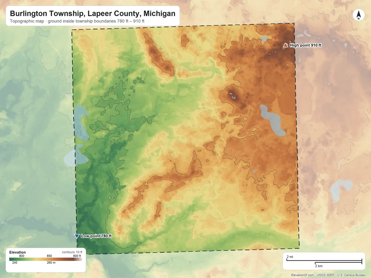 Topographic elevation map of Burlington Township, Lapeer County, Michigan, shaded from 780 ft on the southwest side to 910 ft on the northeast side