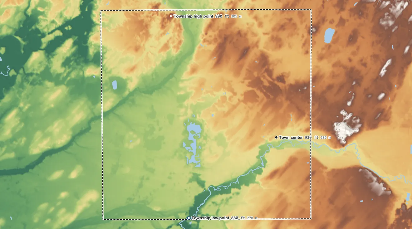 Topographic elevation map of Burlington Township, Michigan, shaded from 880 ft on the southwest side to 990 ft on the northwest side