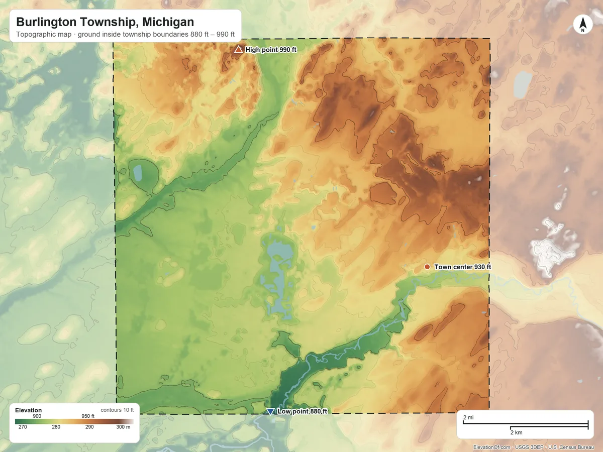 Topographic elevation map of Burlington Township, Michigan, shaded from 880 ft on the southwest side to 990 ft on the northwest side