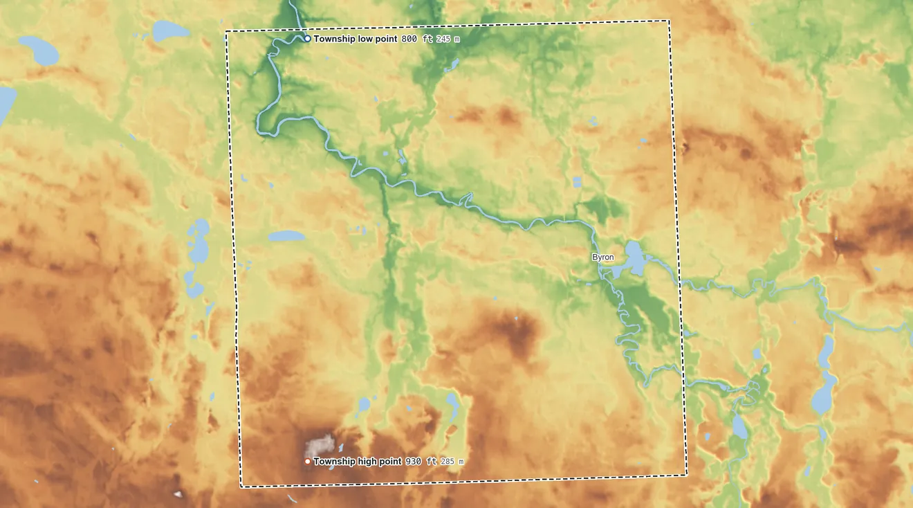 Topographic elevation map of Burns Township, Michigan, shaded from 800 ft on the northwest side to 930 ft on the southwest side