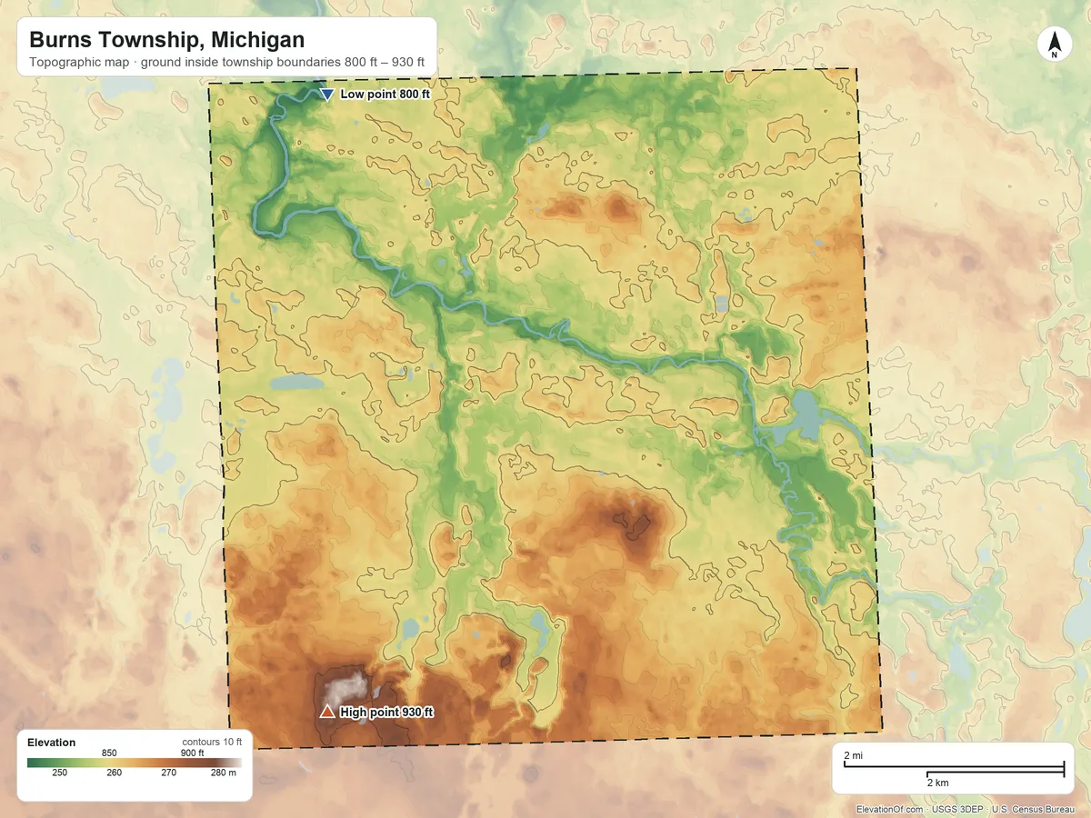 Topographic elevation map of Burns Township, Michigan, shaded from 800 ft on the northwest side to 930 ft on the southwest side