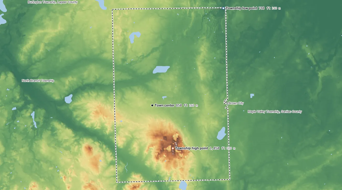 Topographic elevation map of Burnside Township, Michigan, shaded from 780 ft on the northeast side to 1,050 ft on the southeast side