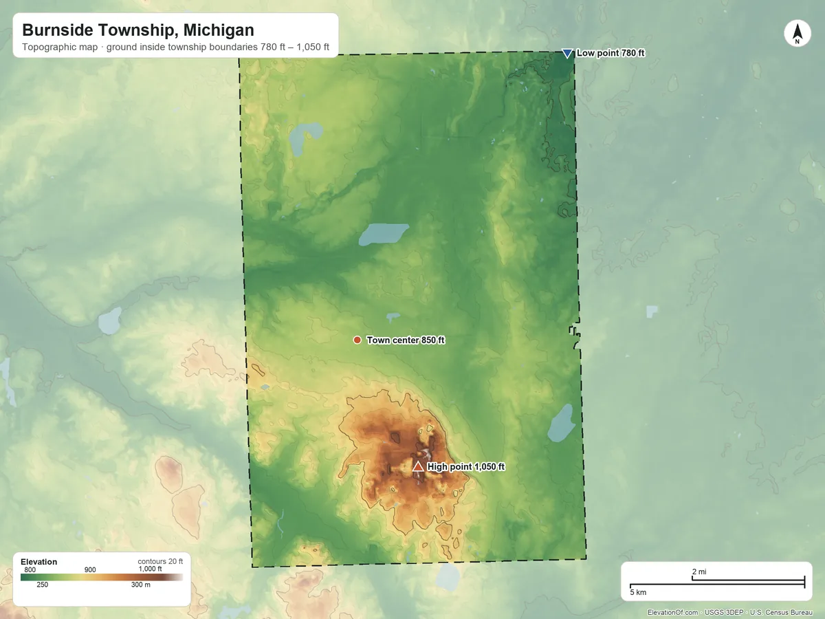 Topographic elevation map of Burnside Township, Michigan, shaded from 780 ft on the northeast side to 1,050 ft on the southeast side