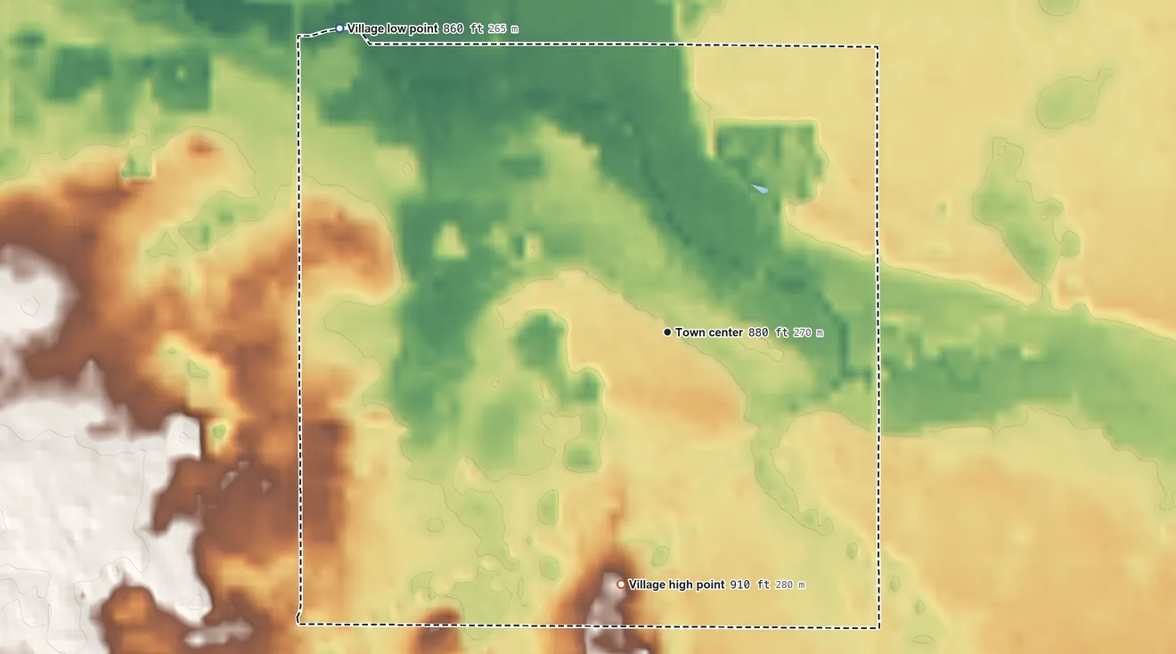 Topographic elevation map of Burr Oak, Michigan, shaded from 860 ft on the northwest side to 910 ft on the south side