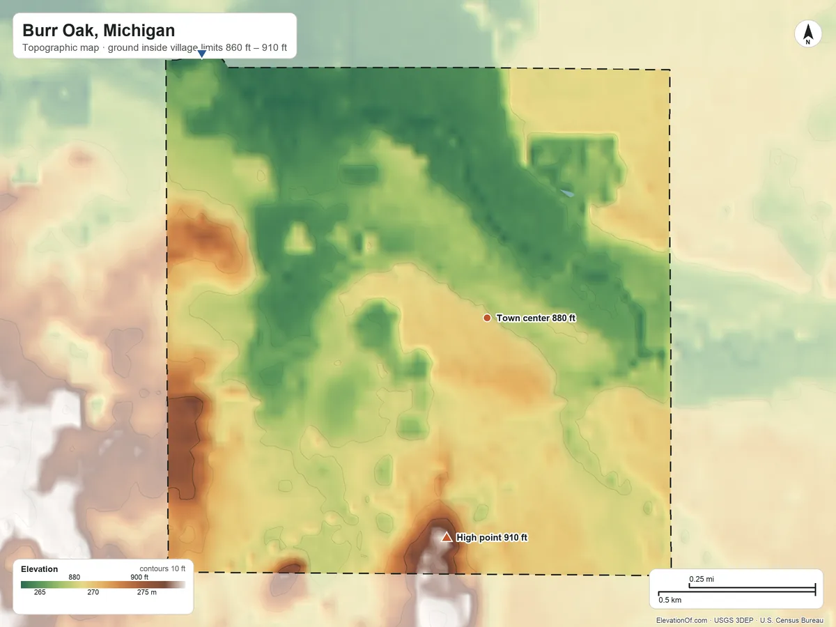 Topographic elevation map of Burr Oak, Michigan, shaded from 860 ft on the northwest side to 910 ft on the south side