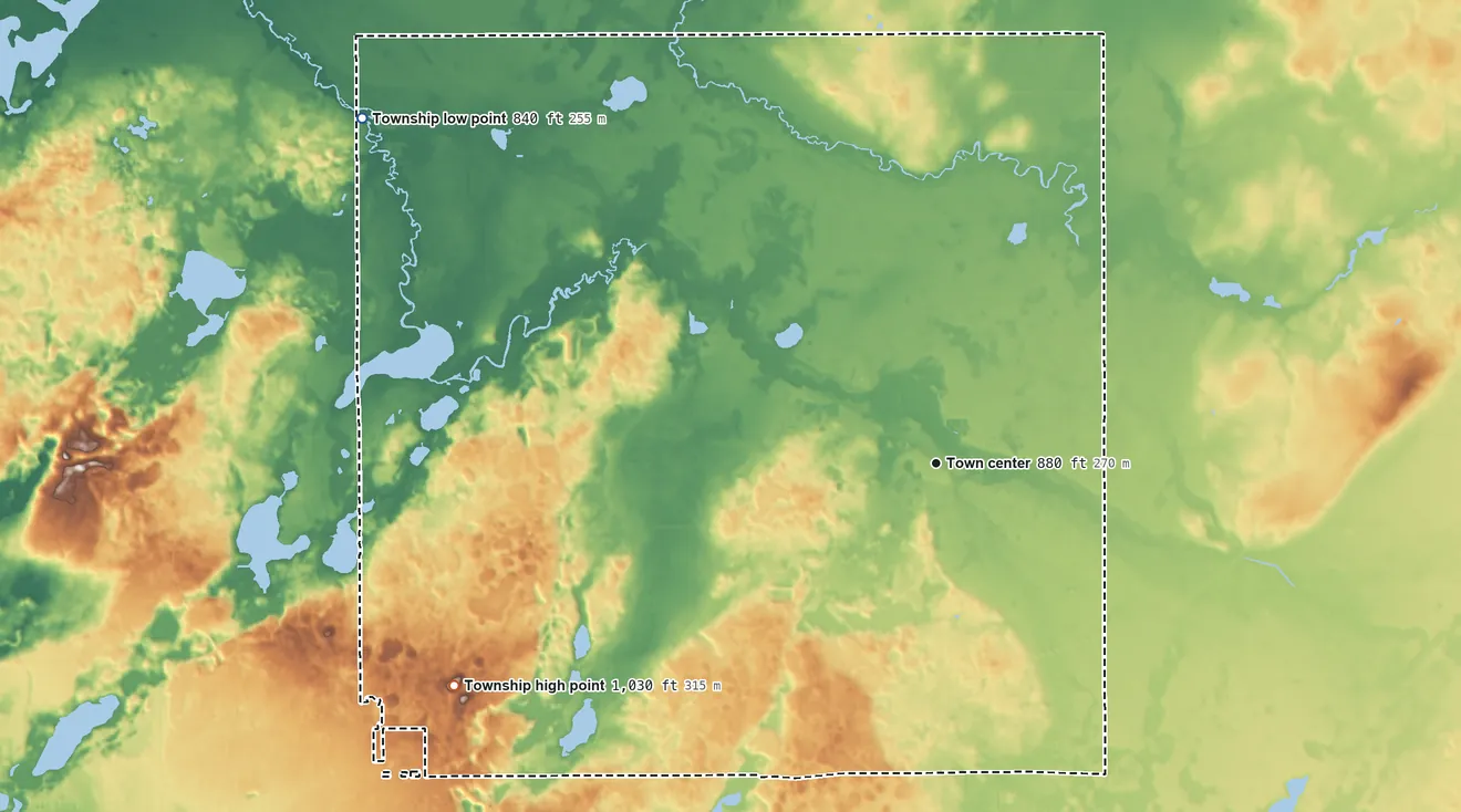 Topographic elevation map of Burr Oak Township, Michigan, shaded from 840 ft on the northwest side to 1,030 ft on the southwest side