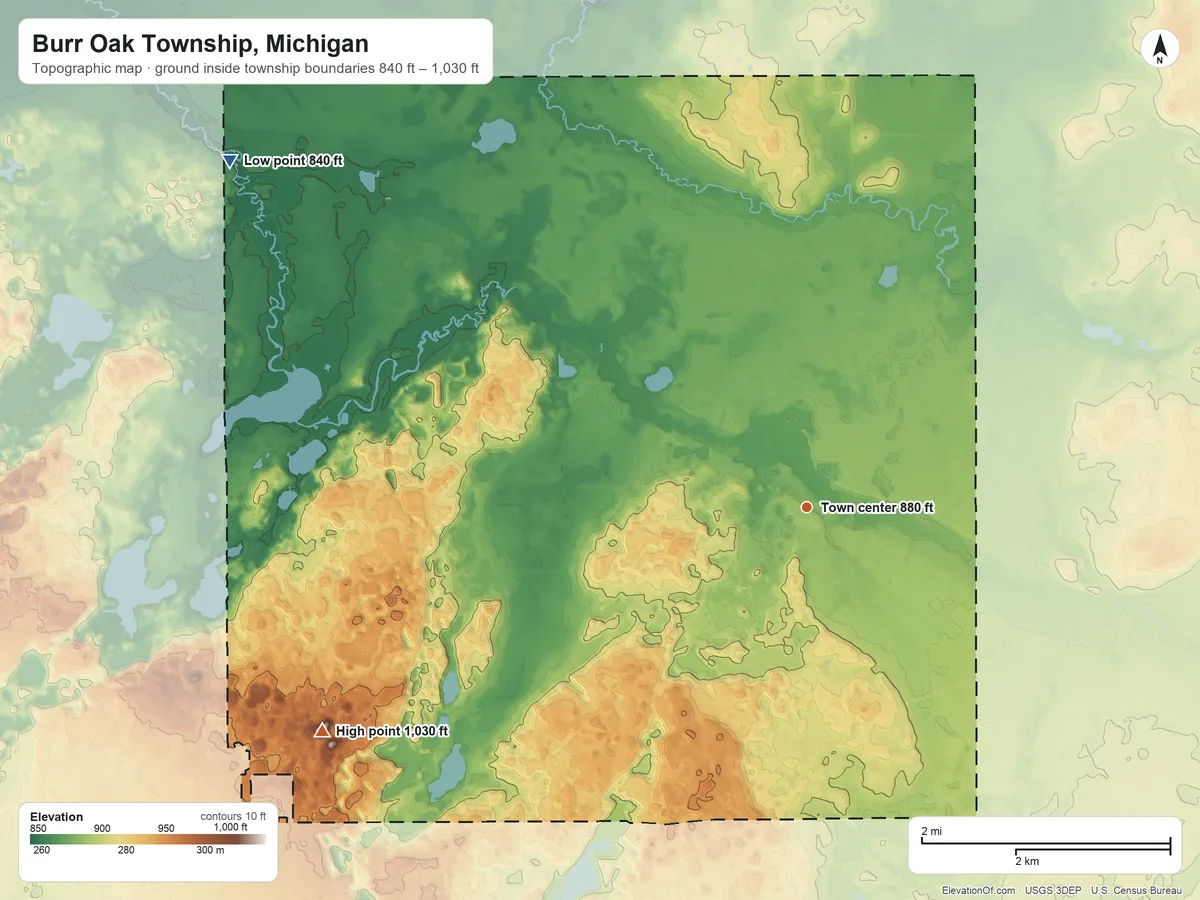 Topographic elevation map of Burr Oak Township, Michigan, shaded from 840 ft on the northwest side to 1,030 ft on the southwest side