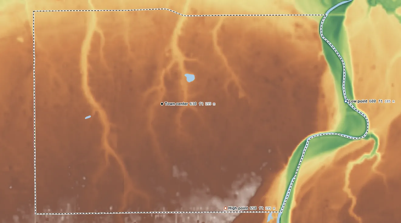 Topographic elevation map of Burt, Michigan, shaded from 600 ft on the east side to 650 ft on the southeast side