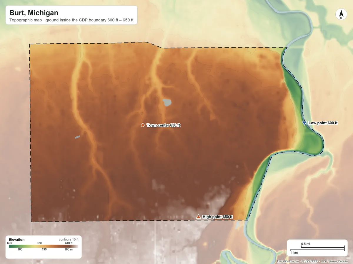 Topographic elevation map of Burt, Michigan, shaded from 600 ft on the east side to 650 ft on the southeast side
