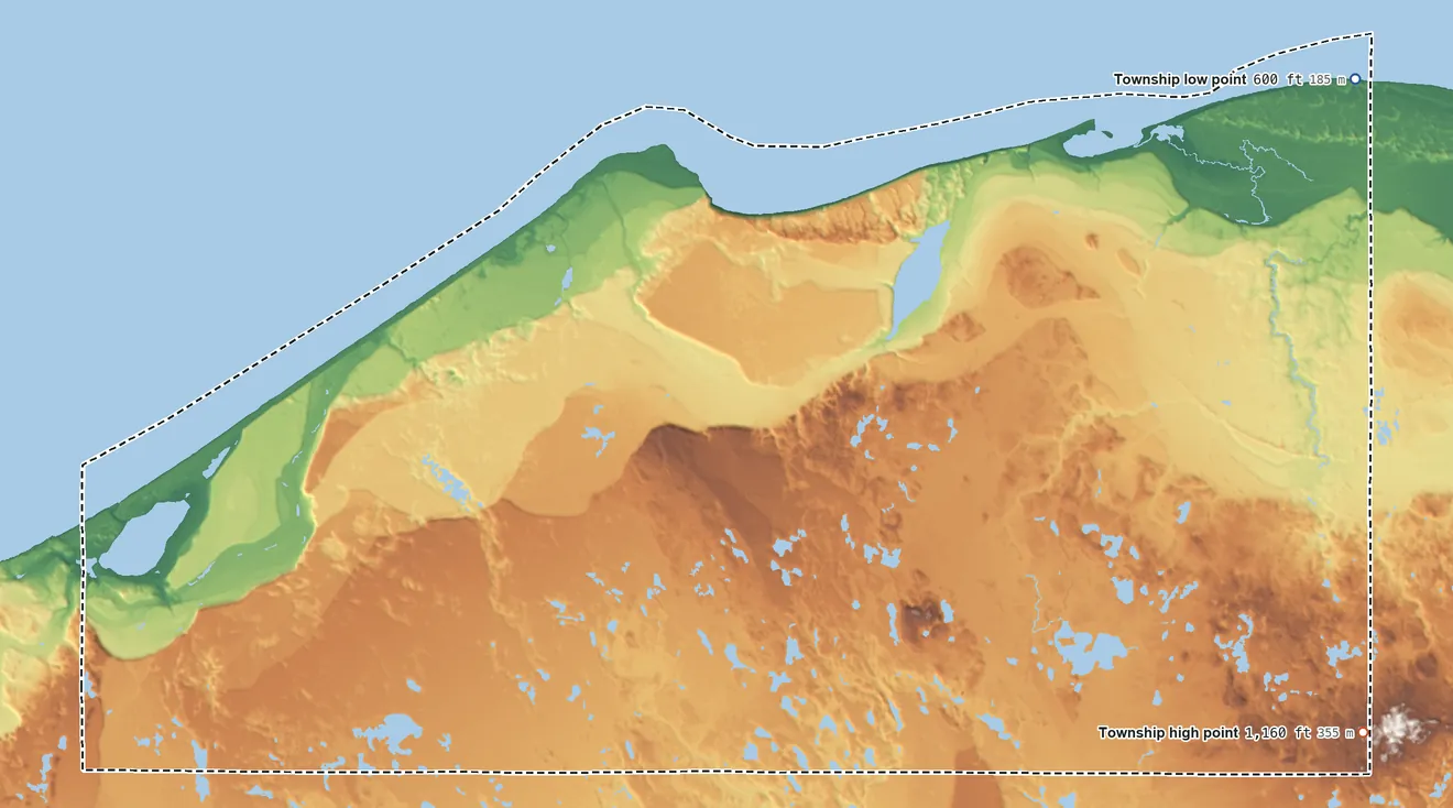 Topographic elevation map of Burt Township, Alger County, Michigan, shaded from 600 ft on the northeast side to 1,160 ft on the southeast side