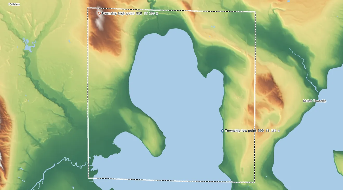 Topographic elevation map of Burt Township, Michigan, shaded from 590 ft on the south side to 910 ft on the northwest side