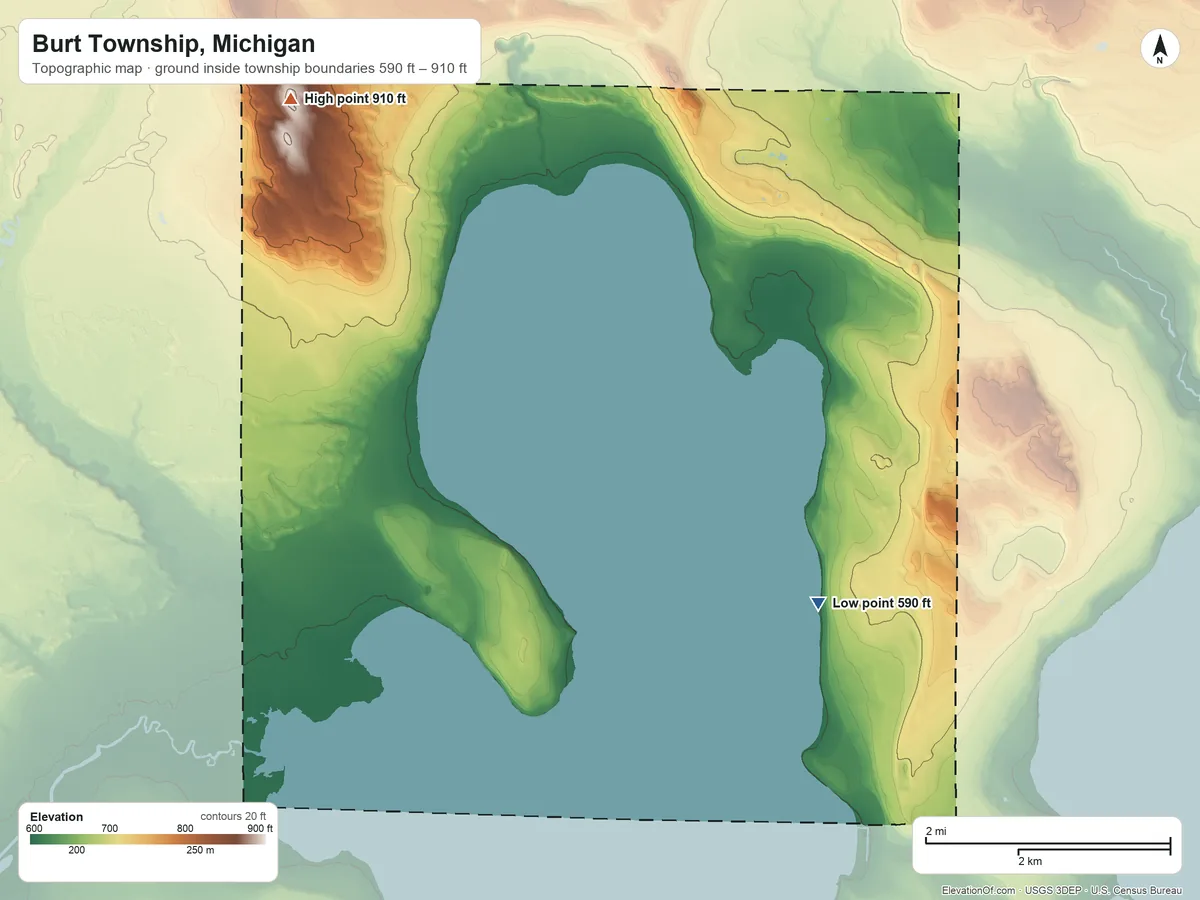 Topographic elevation map of Burt Township, Michigan, shaded from 590 ft on the south side to 910 ft on the northwest side