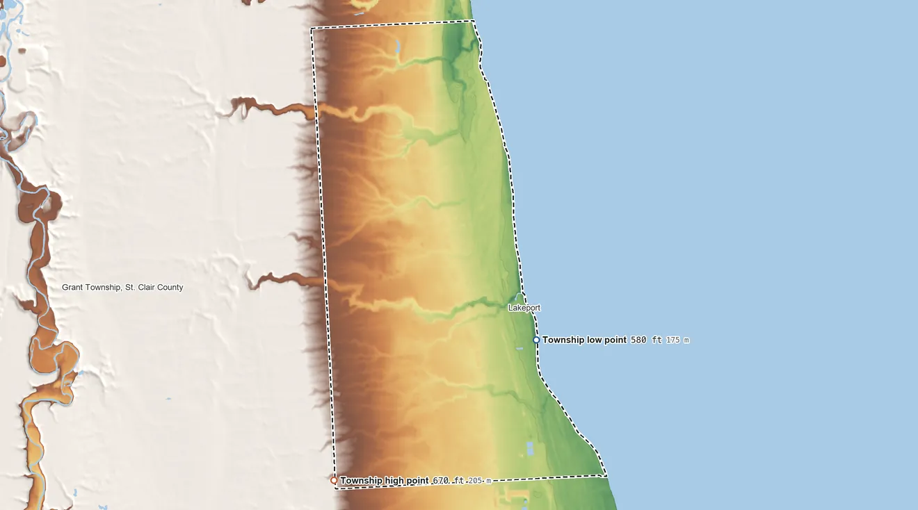 Topographic elevation map of Burtchville Township, Michigan, shaded from 580 ft near the middle to 670 ft on the southwest side