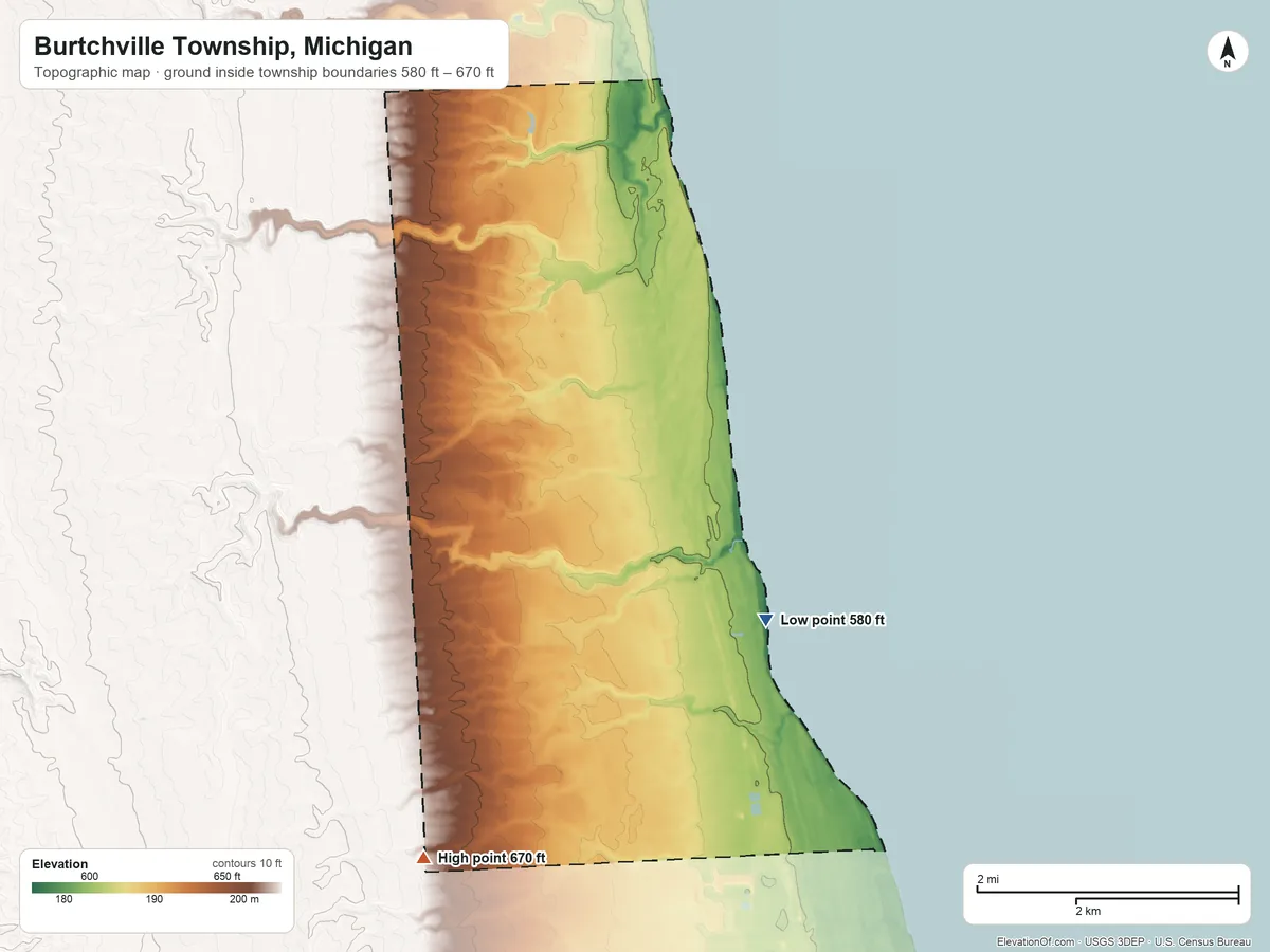 Topographic elevation map of Burtchville Township, Michigan, shaded from 580 ft near the middle to 670 ft on the southwest side