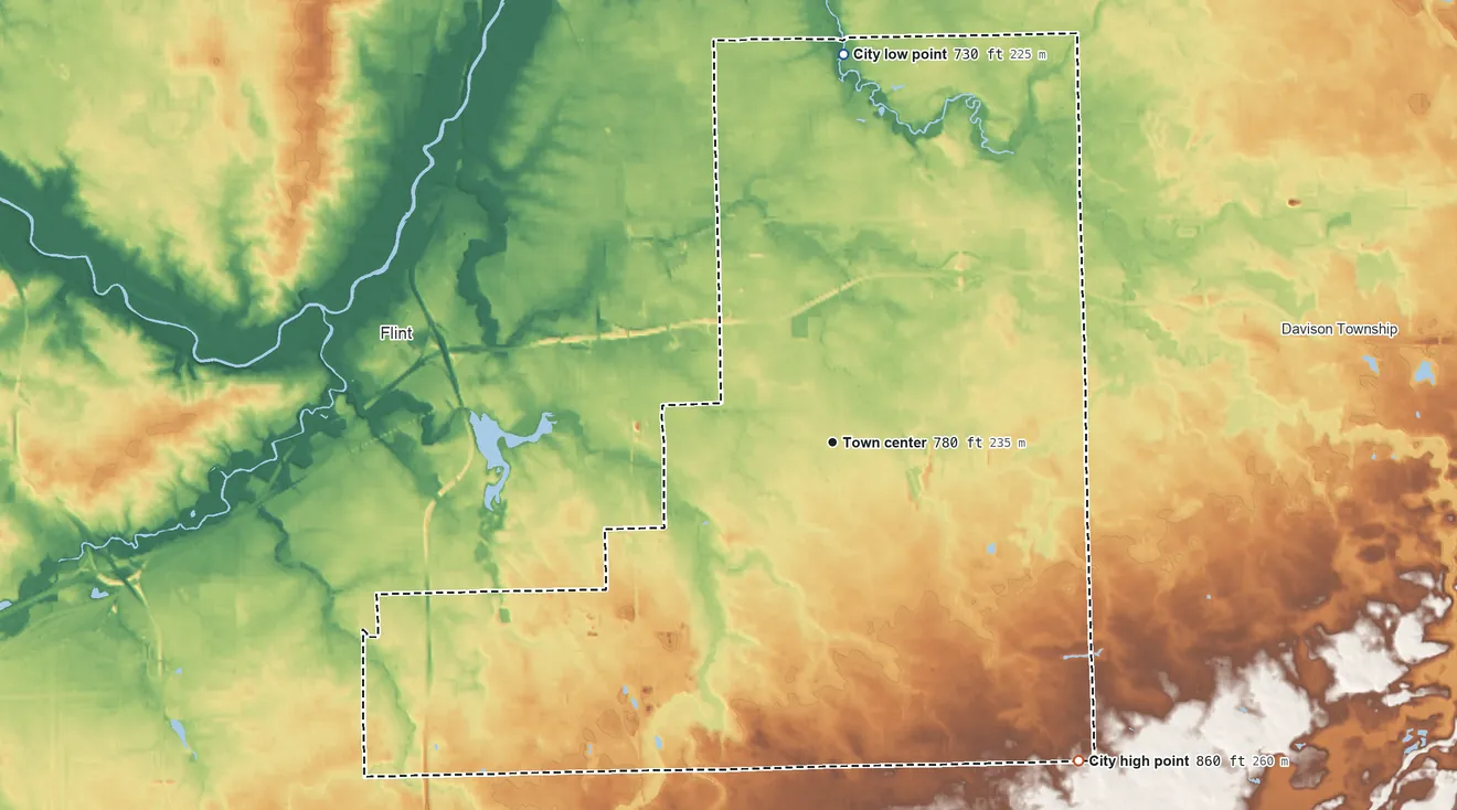 Topographic elevation map of Burton, Michigan, shaded from 730 ft on the north side to 860 ft on the southeast side