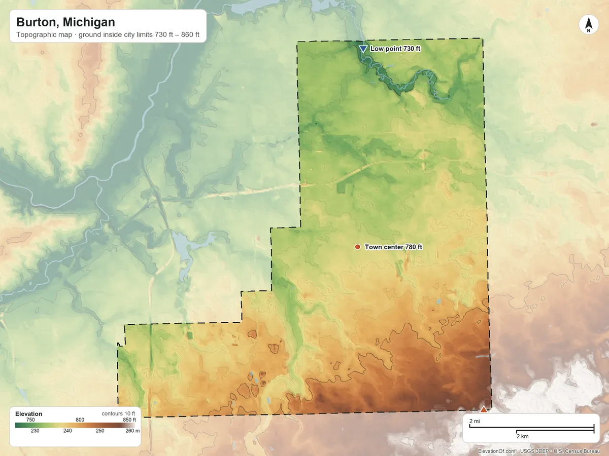 Topographic elevation map of Burton, Michigan, shaded from 730 ft on the north side to 860 ft on the southeast side