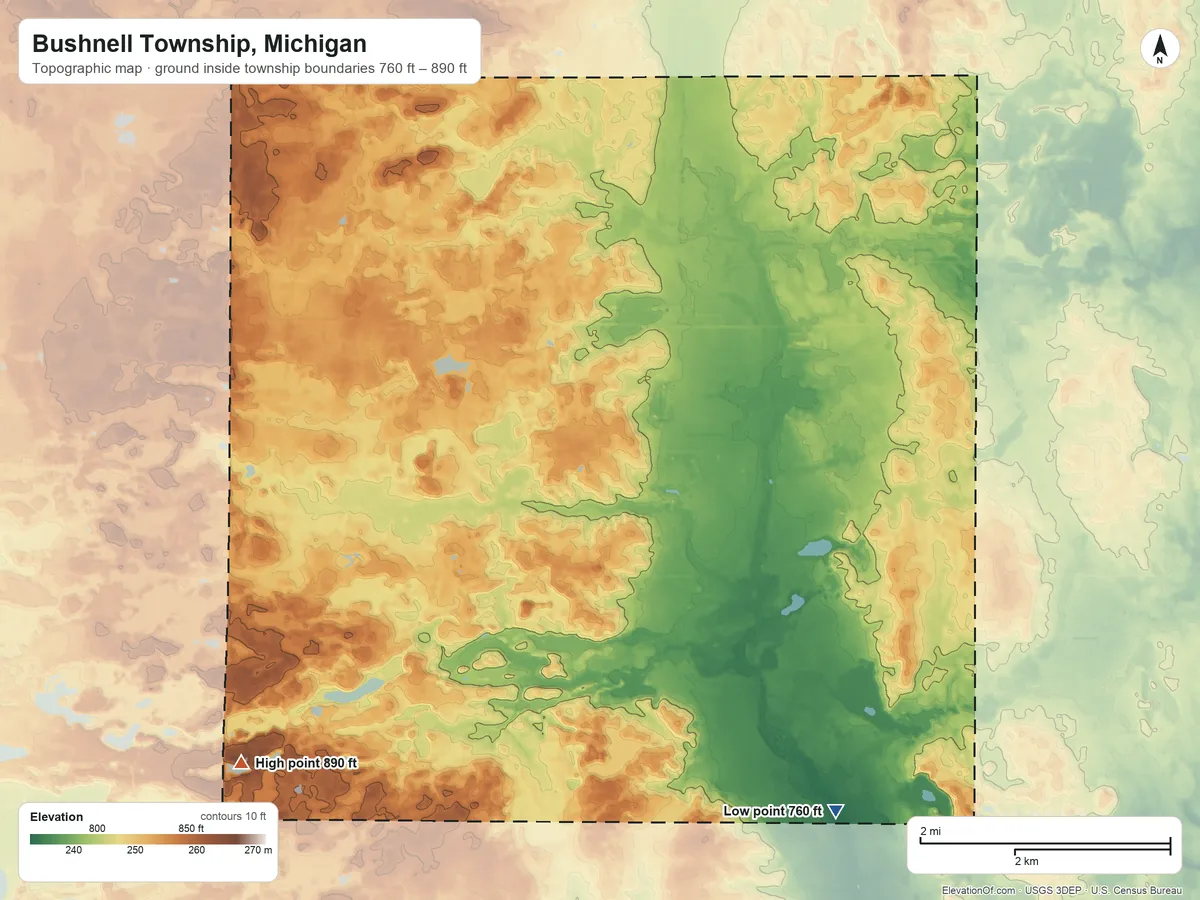 Topographic elevation map of Bushnell Township, Michigan, shaded from 760 ft on the southeast side to 890 ft on the southwest side