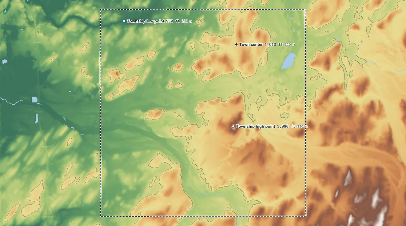 Topographic elevation map of Butler Township, Michigan, shaded from 950 ft on the west side to 1,090 ft on the south side