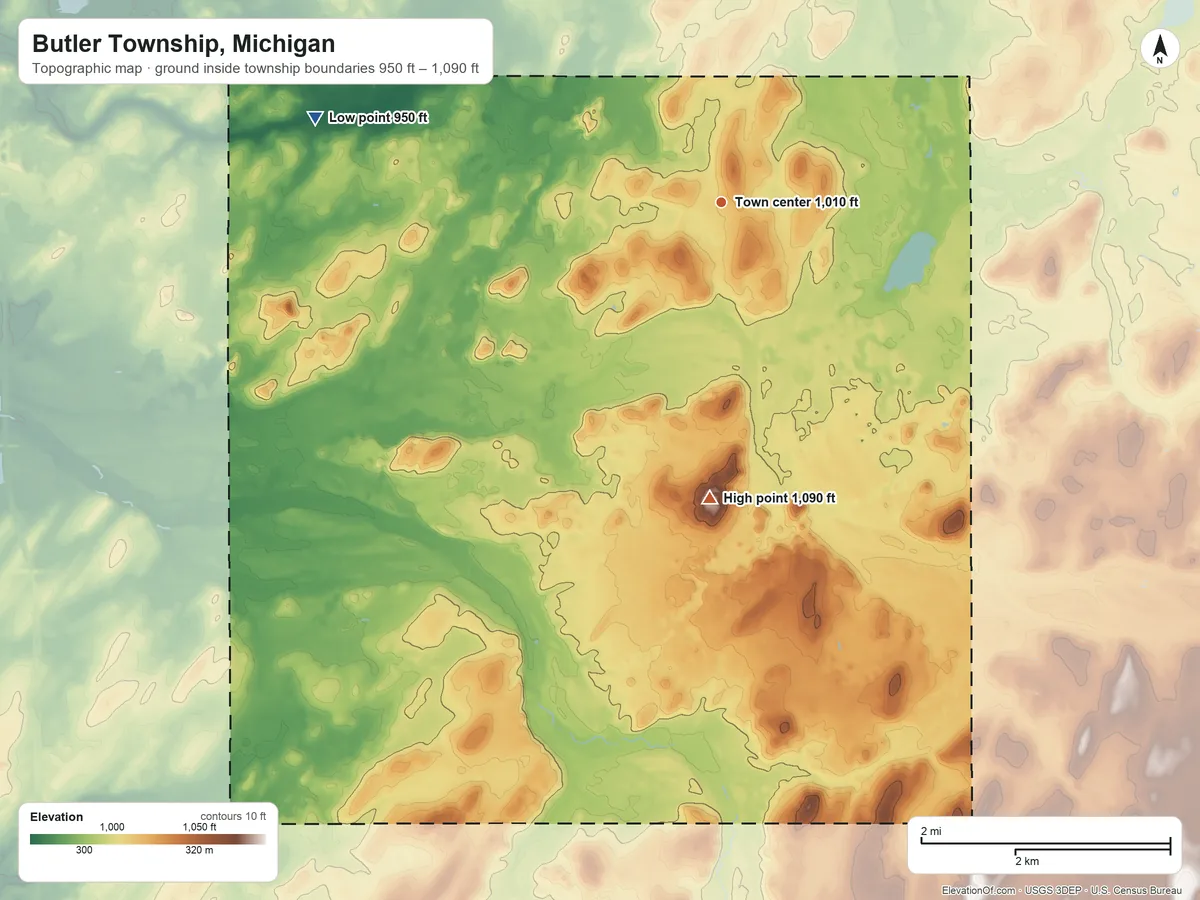 Topographic elevation map of Butler Township, Michigan, shaded from 950 ft on the west side to 1,090 ft on the south side