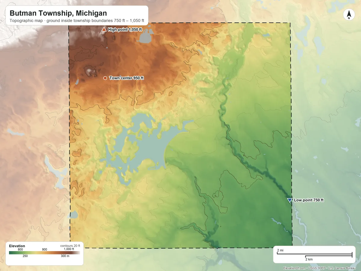Topographic elevation map of Butman Township, Michigan, shaded from 750 ft on the southeast side to 1,050 ft on the north side