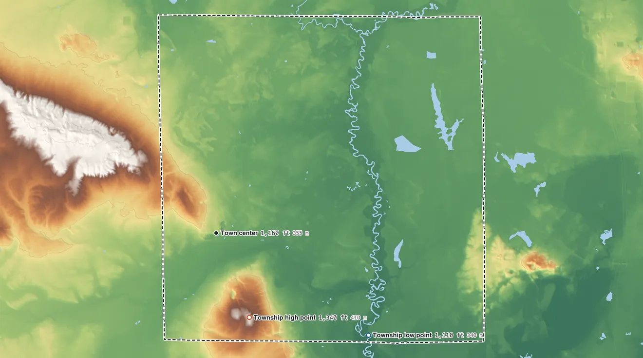 Topographic elevation map of Butterfield Township, Michigan, shaded from 1,110 ft on the southeast side to 1,340 ft on the south side