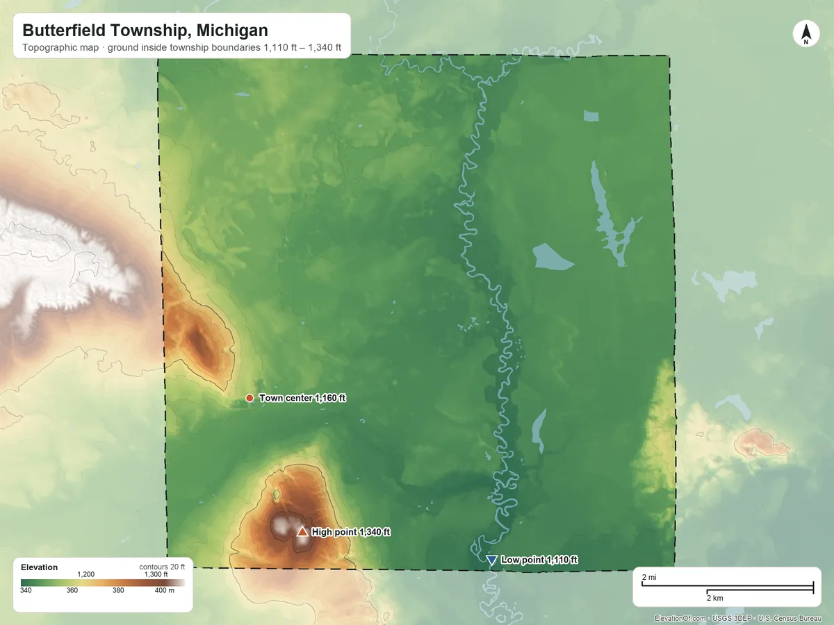 Topographic elevation map of Butterfield Township, Michigan, shaded from 1,110 ft on the southeast side to 1,340 ft on the south side