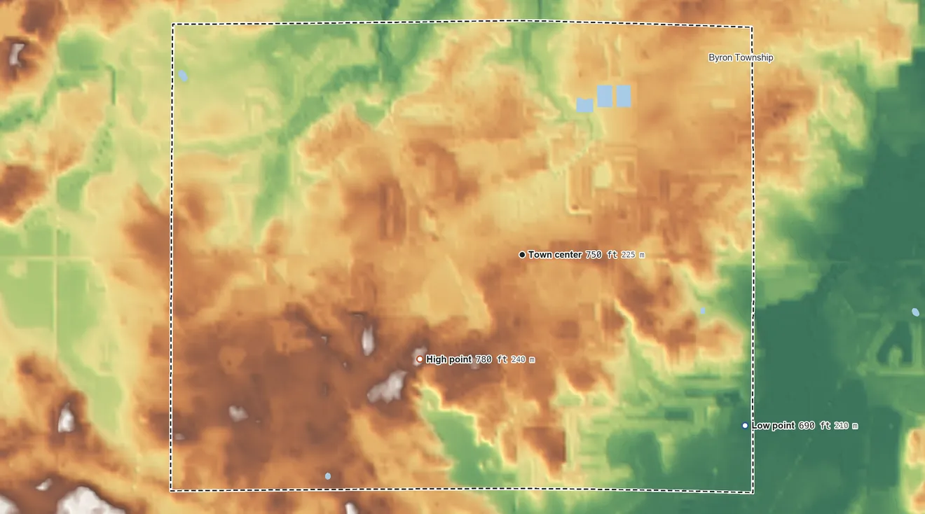 Topographic elevation map of Byron Center, Michigan, shaded from 690 ft on the southeast side to 780 ft on the southwest side