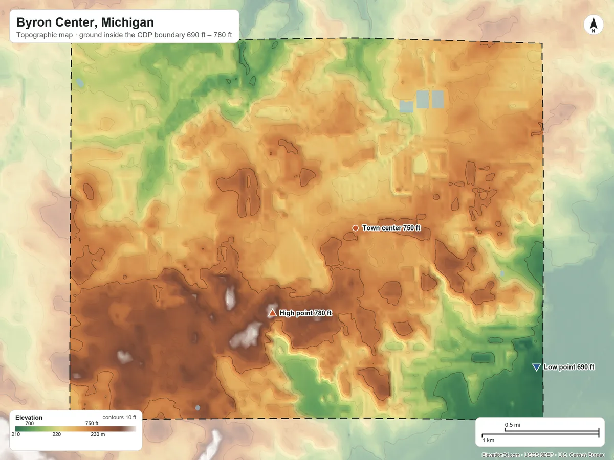Topographic elevation map of Byron Center, Michigan, shaded from 690 ft on the southeast side to 780 ft on the southwest side