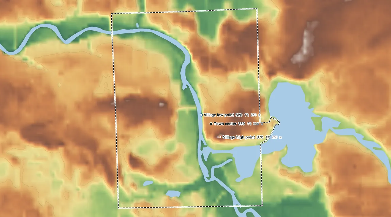 Topographic elevation map of Byron, Michigan, shaded from 820 ft near the middle to 870 ft near the middle