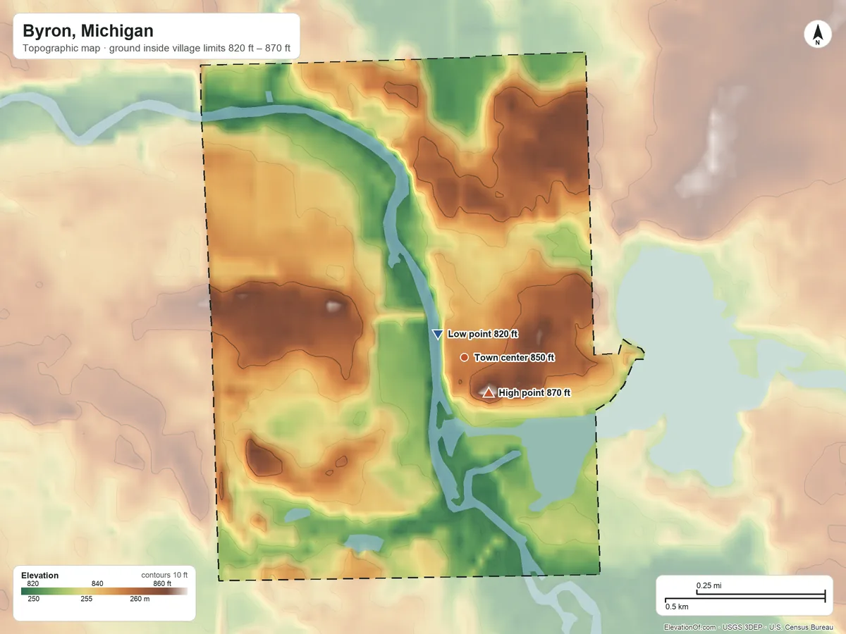 Topographic elevation map of Byron, Michigan, shaded from 820 ft near the middle to 870 ft near the middle