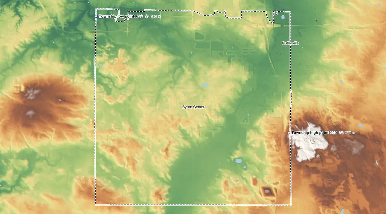 Topographic elevation map of Byron Township, Michigan, shaded from 650 ft on the northwest side to 920 ft on the southeast side