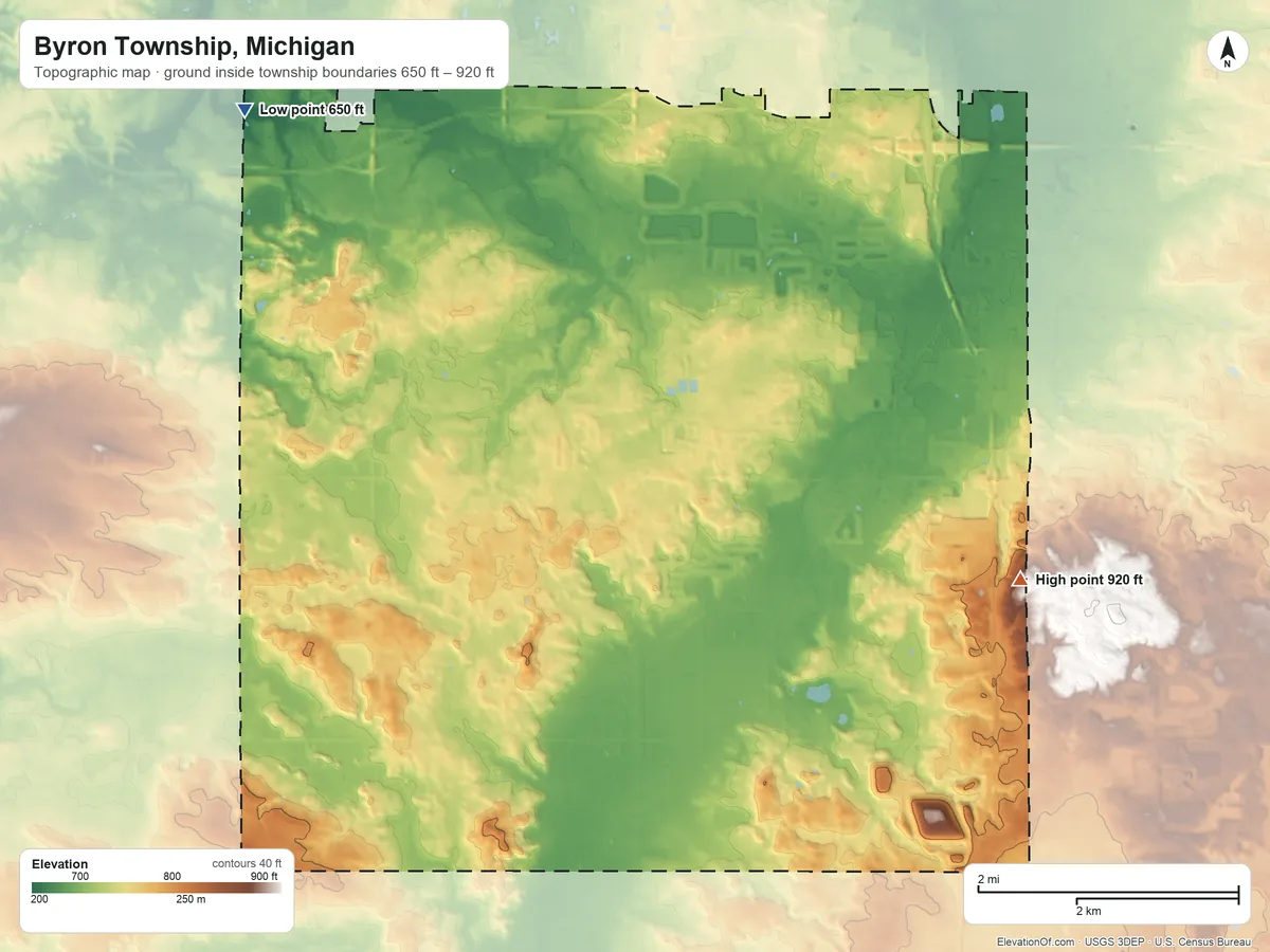 Topographic elevation map of Byron Township, Michigan, shaded from 650 ft on the northwest side to 920 ft on the southeast side