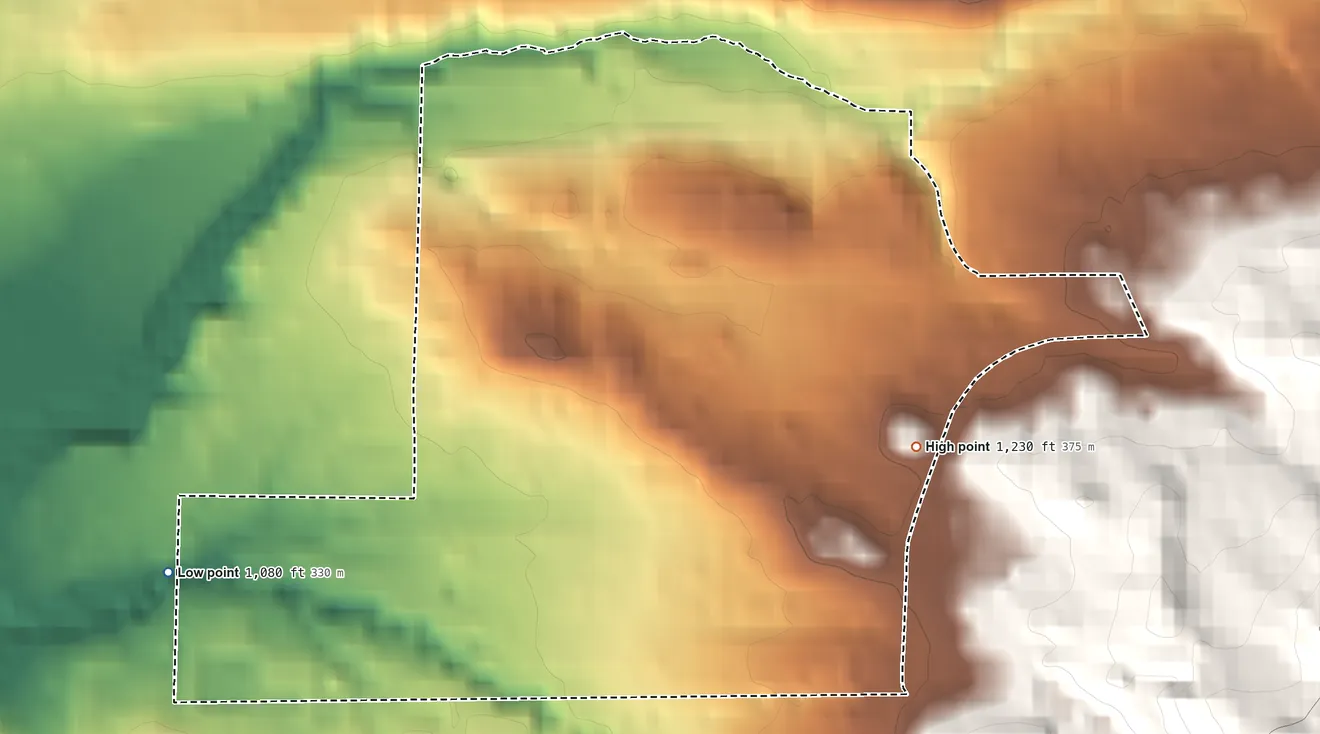 Topographic elevation map of Caberfae, Michigan, shaded from 1,080 ft on the west side to 1,230 ft on the east side