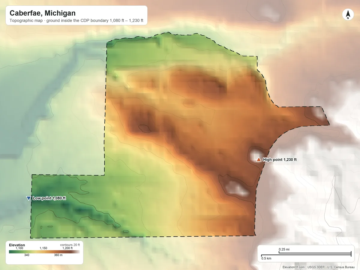 Topographic elevation map of Caberfae, Michigan, shaded from 1,080 ft on the west side to 1,230 ft on the east side