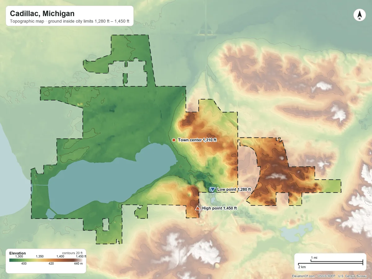 Topographic elevation map of Cadillac, Michigan, shaded from 1,280 ft on the southeast side to 1,450 ft on the south side