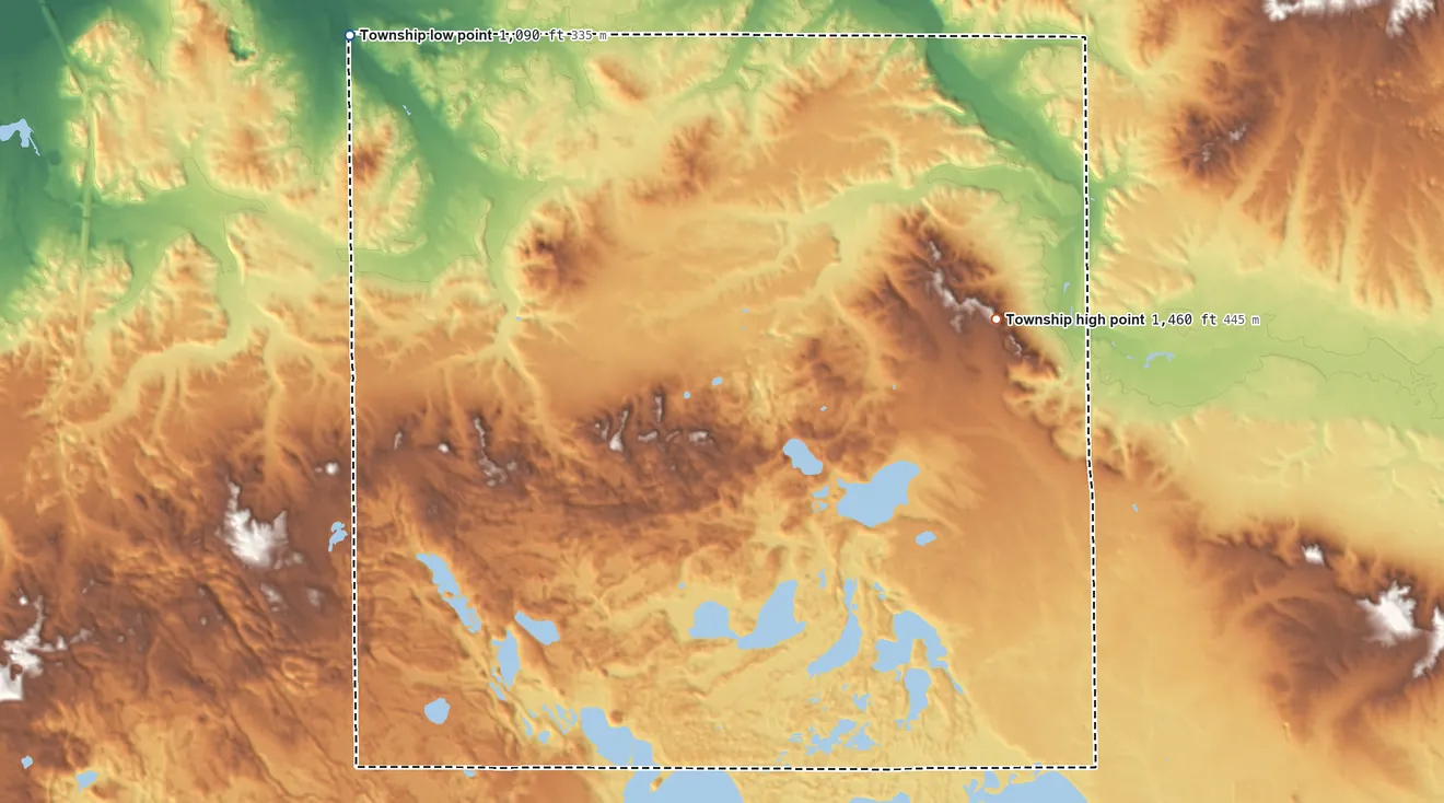 Topographic elevation map of Caldwell Township, Michigan, shaded from 1,090 ft on the northwest side to 1,460 ft on the northeast side