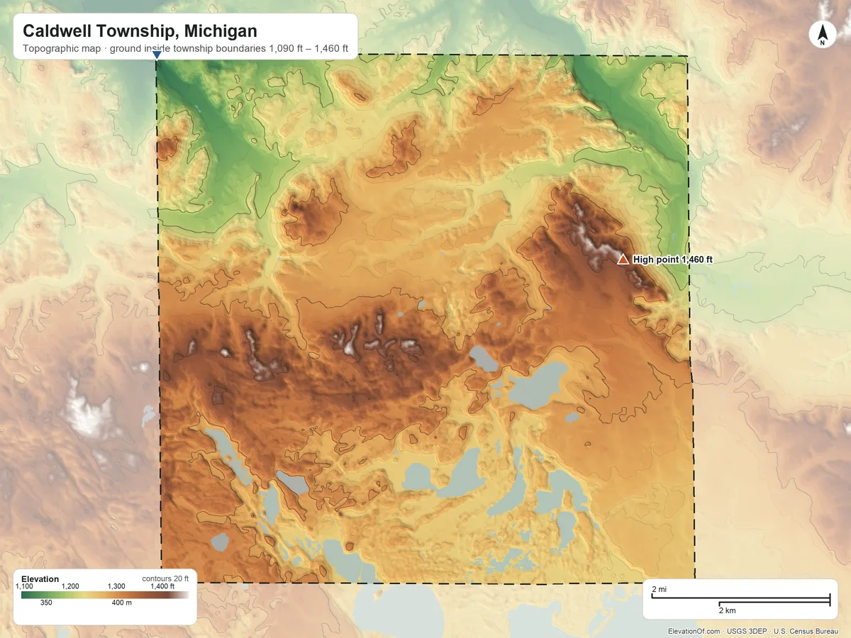 Topographic elevation map of Caldwell Township, Michigan, shaded from 1,090 ft on the northwest side to 1,460 ft on the northeast side